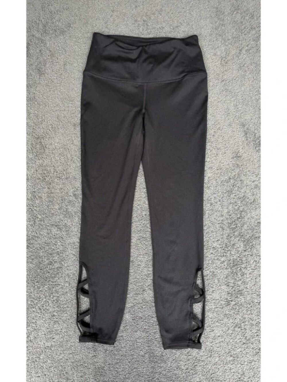 Gaiam Black High Waisted Yoga Leggings Lattice Strappy Ankle Detail XS